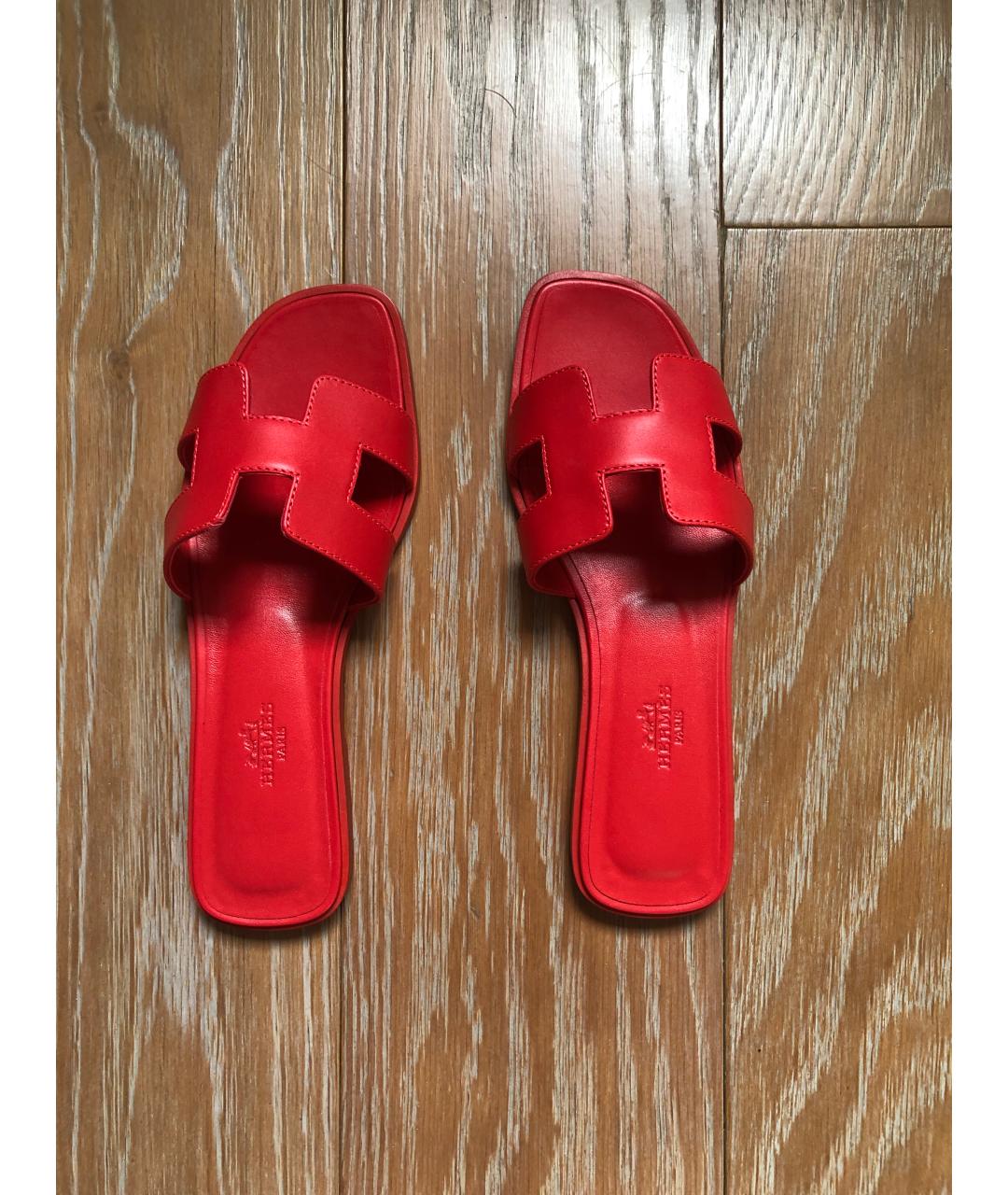 HERMES Красные кожаные шлепанцы, фото 2