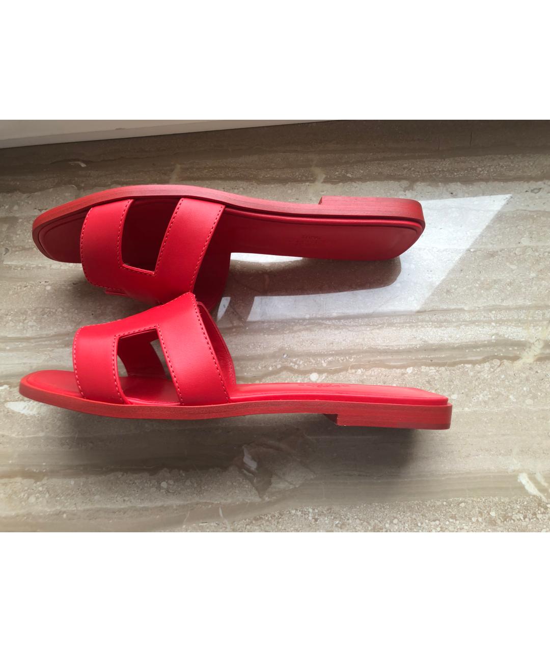 HERMES Красные кожаные шлепанцы, фото 6