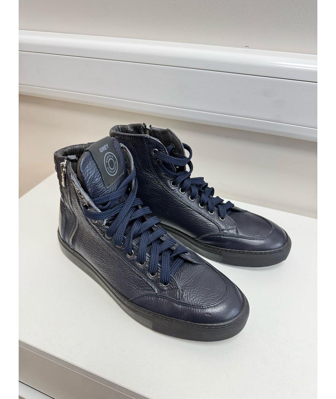 DANIELE ALESSANDRINI Темно-синие кожаные высокие кроссовки / кеды, фото 2