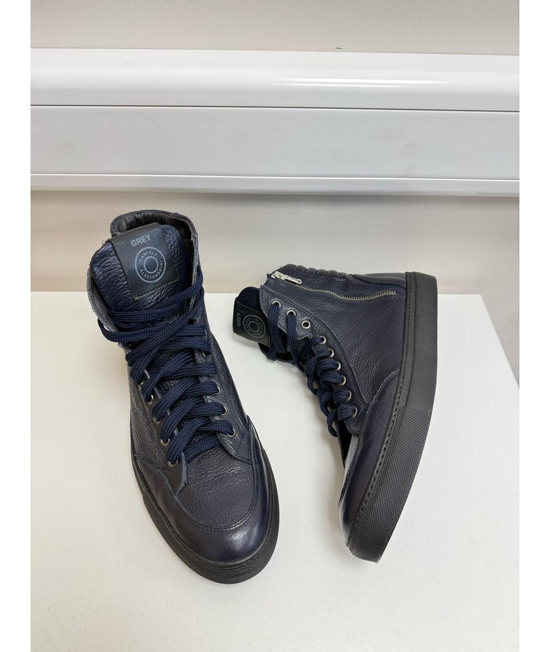 DANIELE ALESSANDRINI Темно-синие кожаные высокие кроссовки / кеды, фото 4