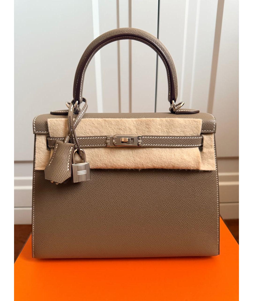 HERMES Серая кожаная сумка с короткими ручками, фото 7