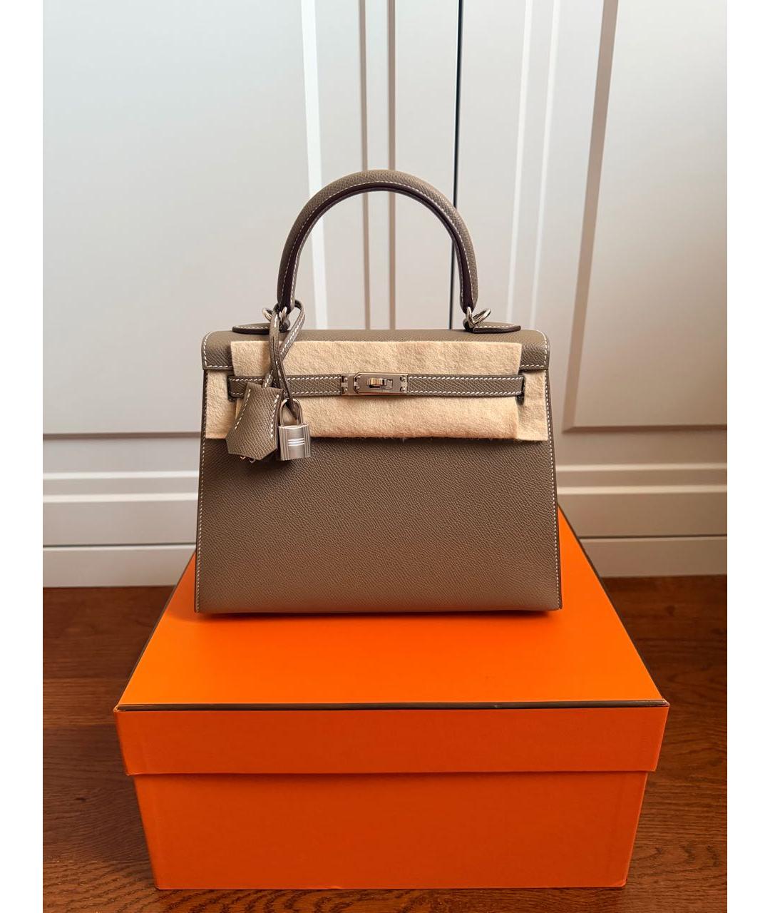 HERMES Серая кожаная сумка с короткими ручками, фото 2