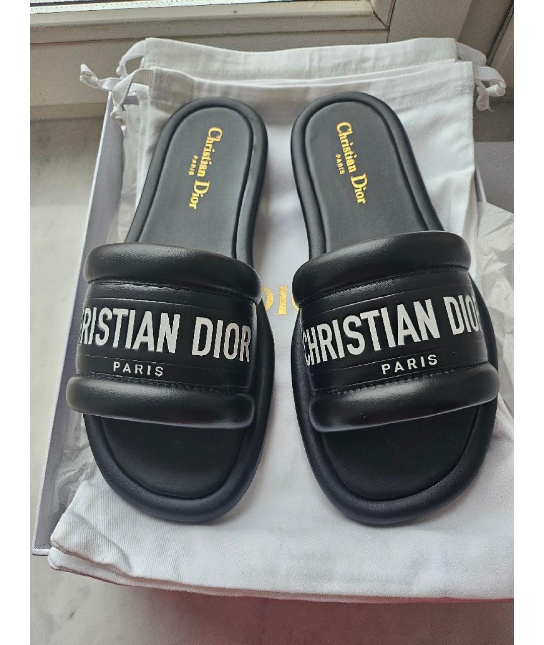 CHRISTIAN DIOR Черные кожаные шлепанцы, фото 2