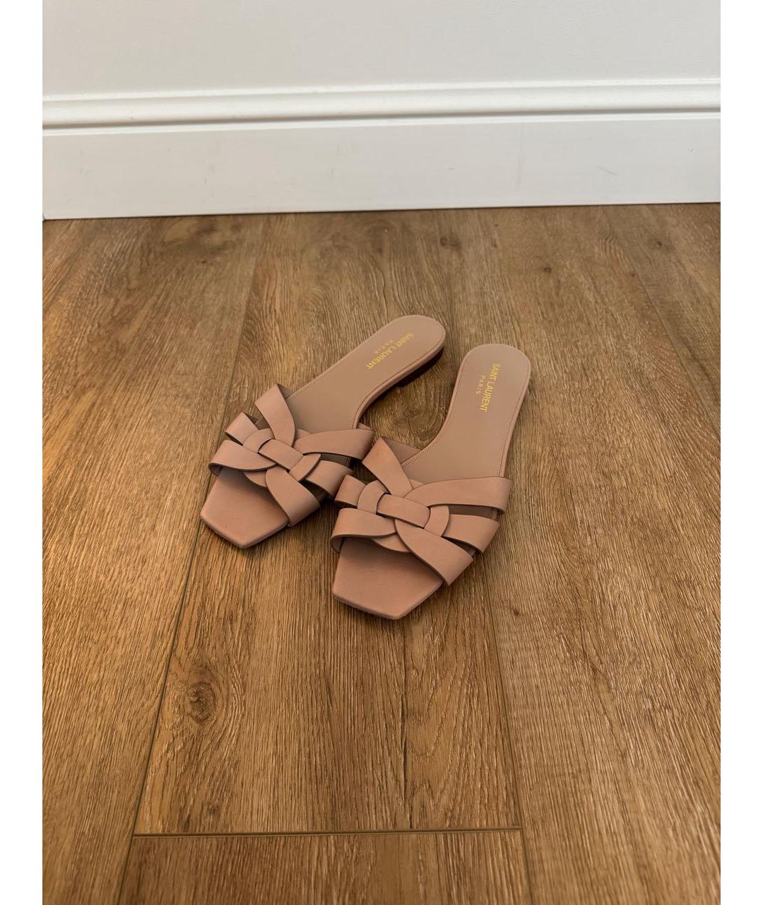 SAINT LAURENT Коралловые кожаные шлепанцы, фото 7