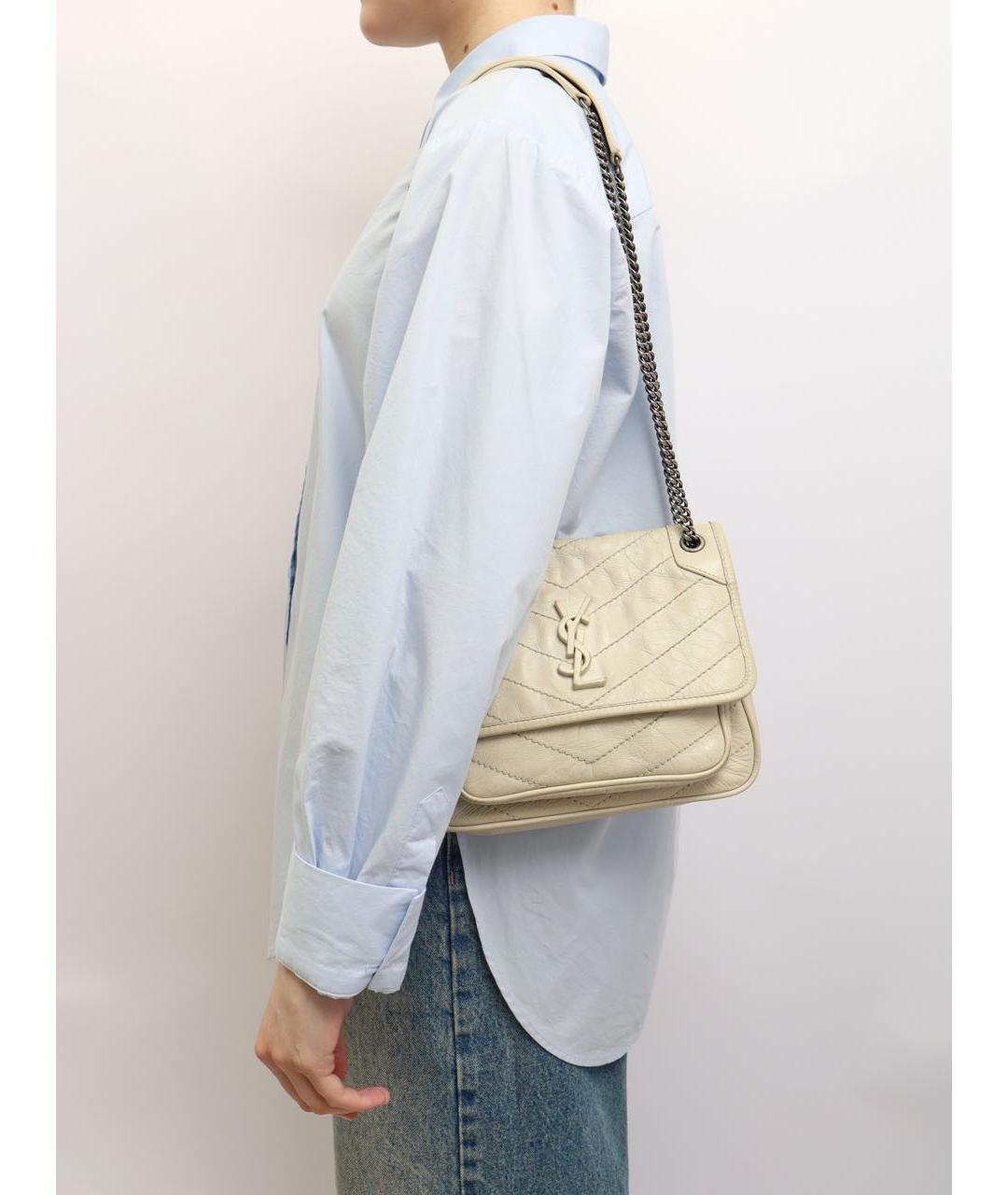SAINT LAURENT Бежевая кожаная сумка через плечо, фото 5