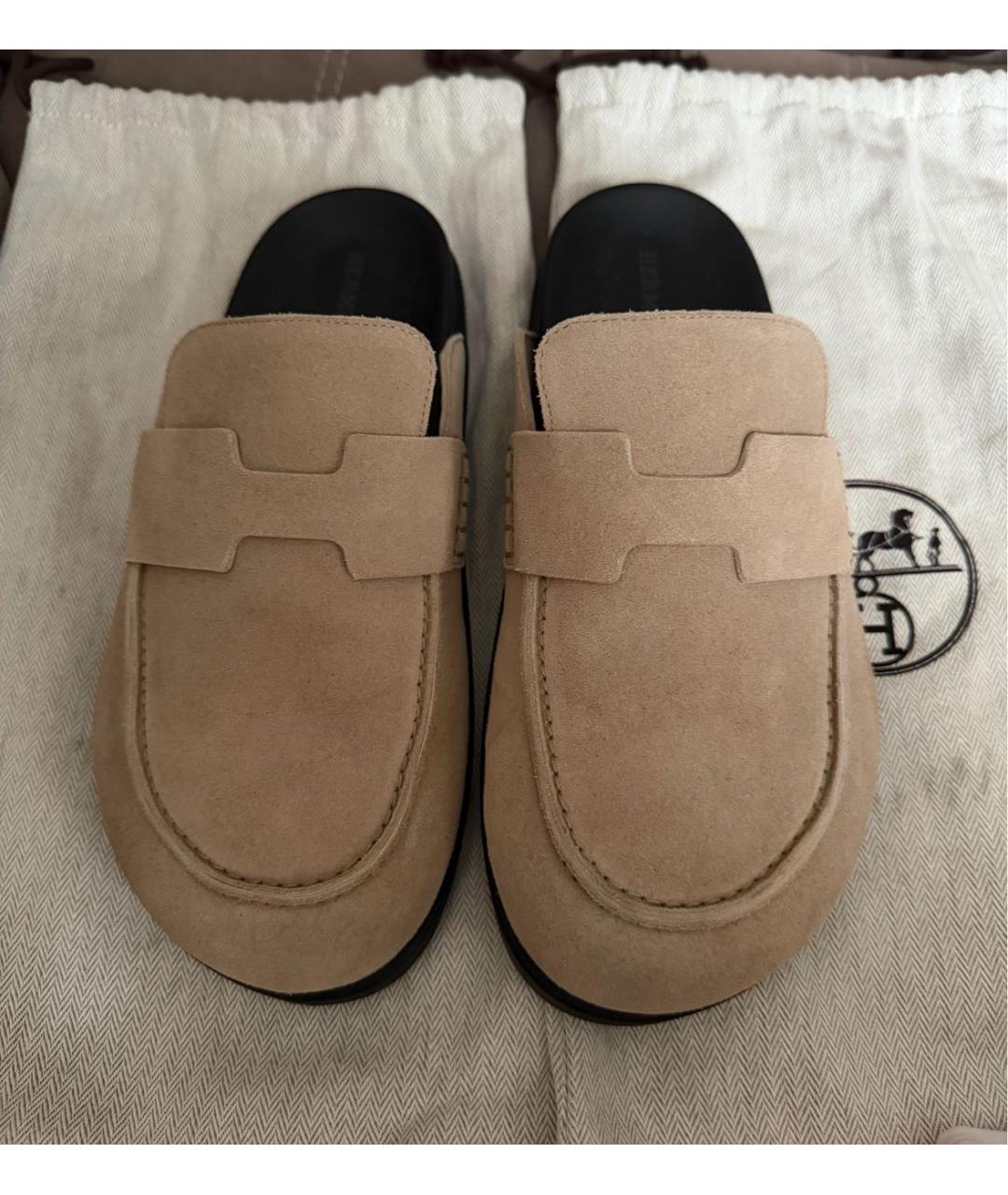 HERMES Бежевые замшевые сабо, фото 2