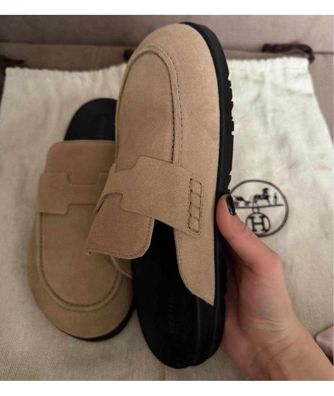 HERMES Бежевые замшевые сабо, фото 6