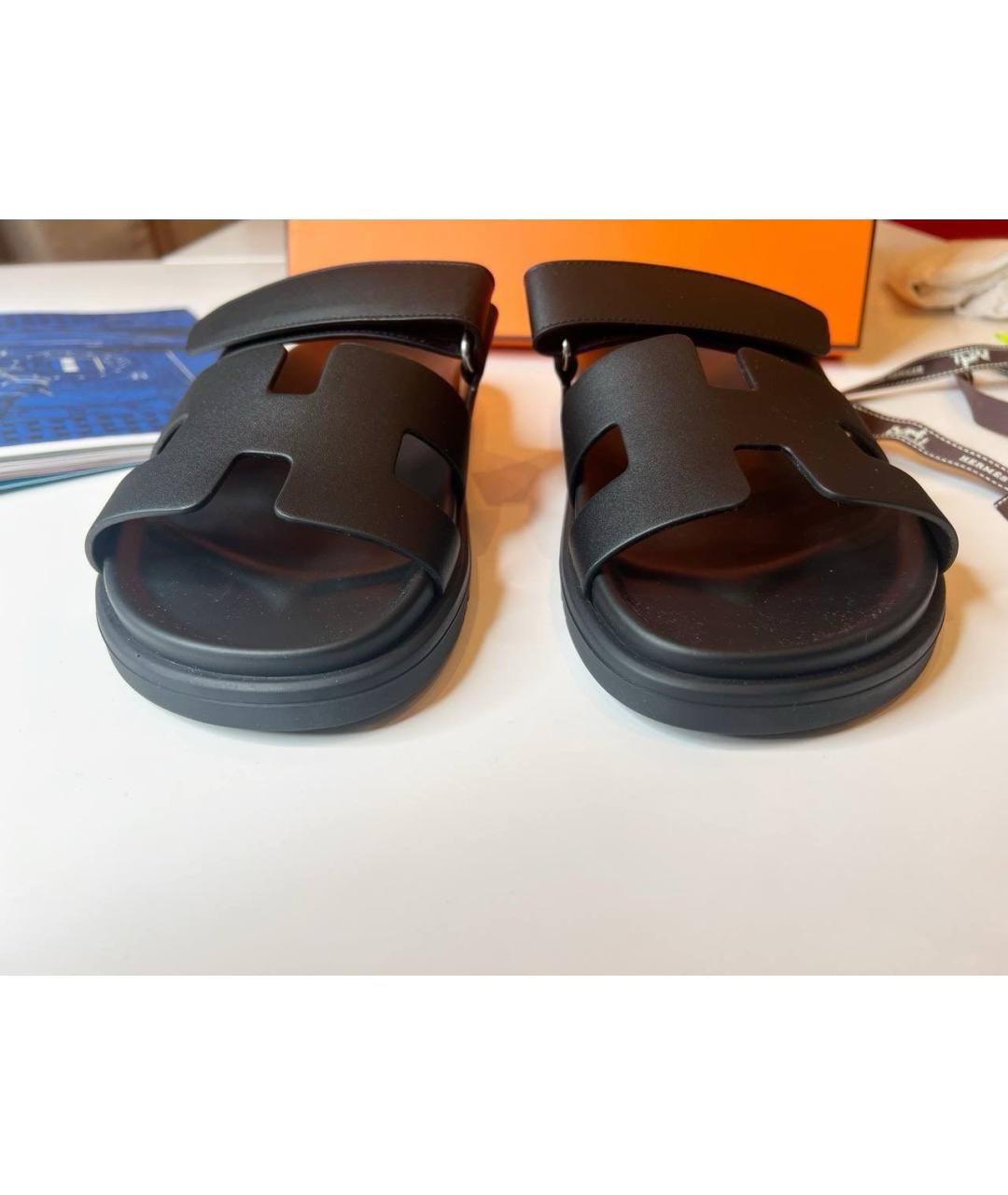 HERMES Черные кожаные шлепанцы, фото 2
