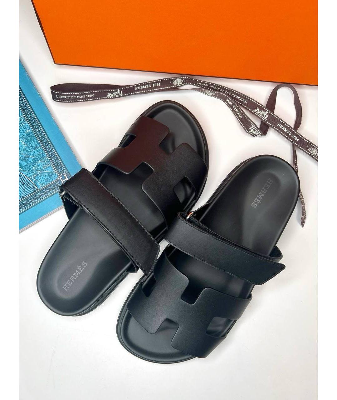 HERMES Черные кожаные шлепанцы, фото 4