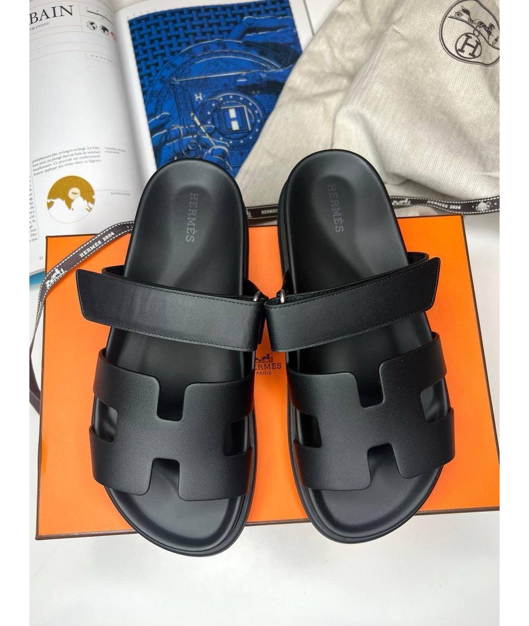 HERMES Черные кожаные шлепанцы, фото 3