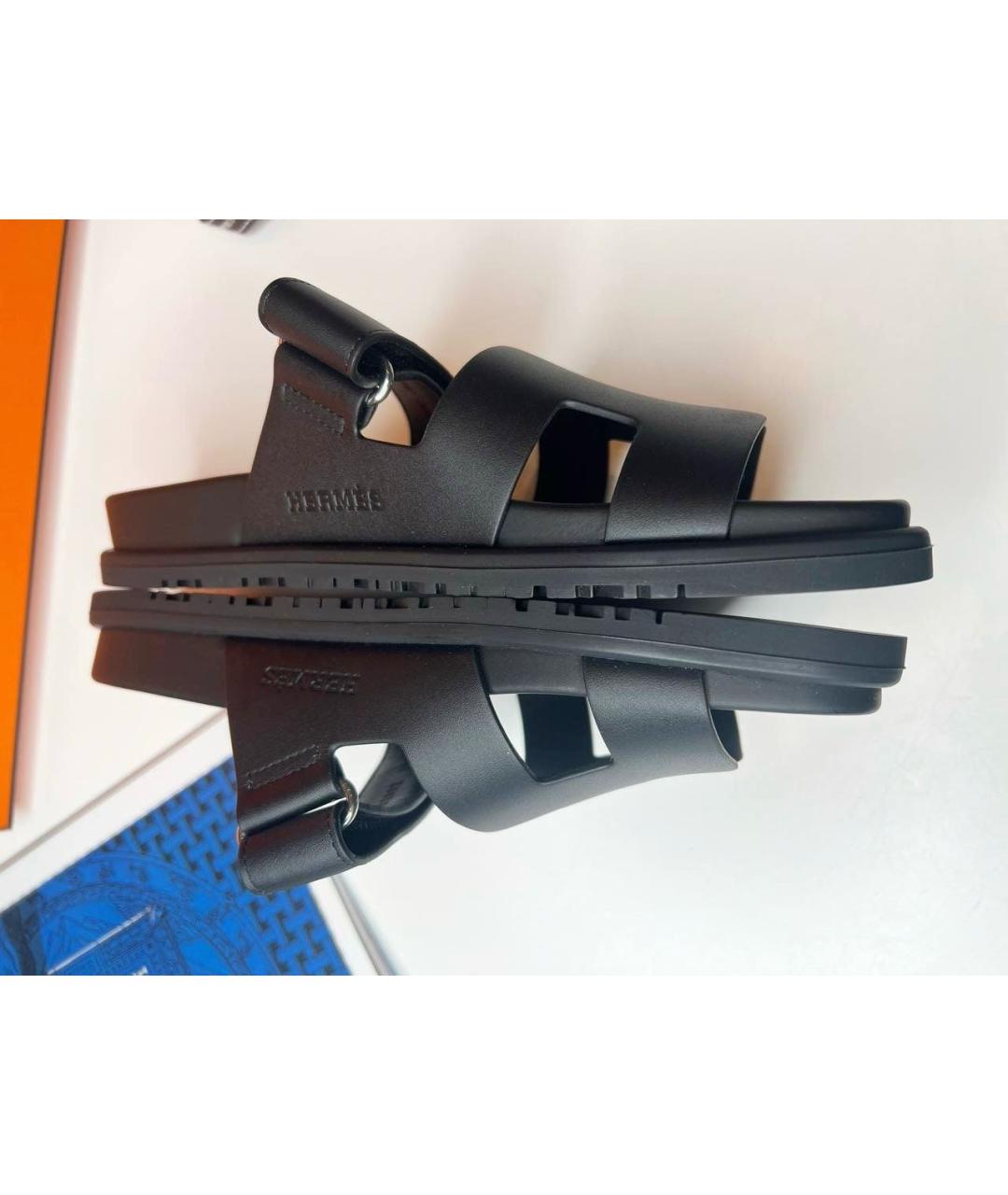 HERMES Черные кожаные шлепанцы, фото 7