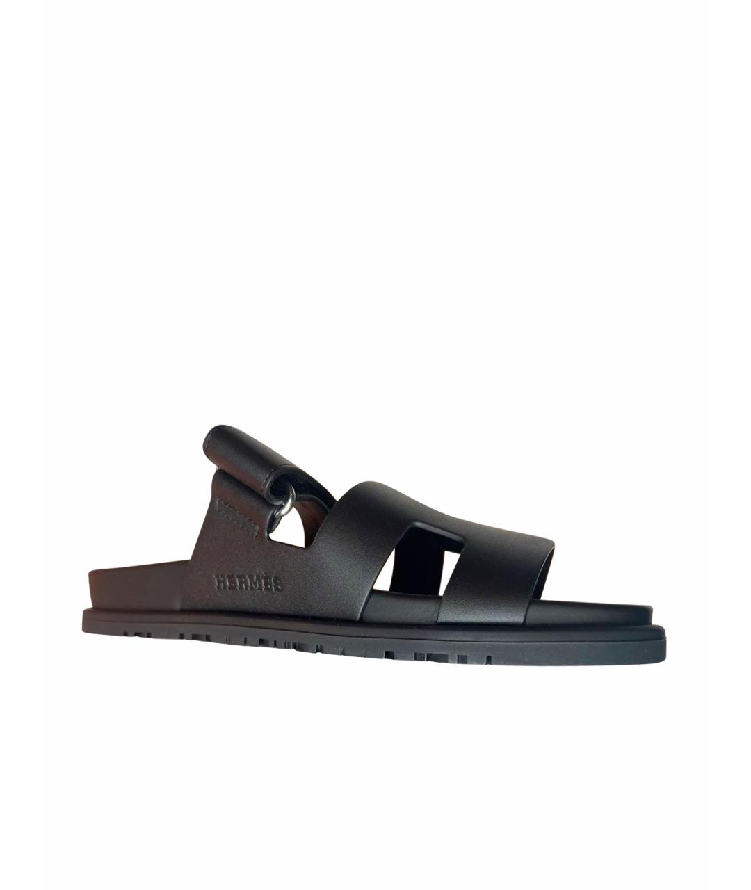 HERMES Черные кожаные шлепанцы, фото 1