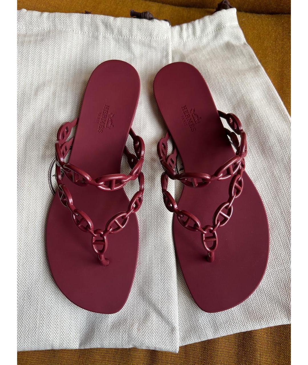 HERMES Бордовые резиновые шлепанцы, фото 2