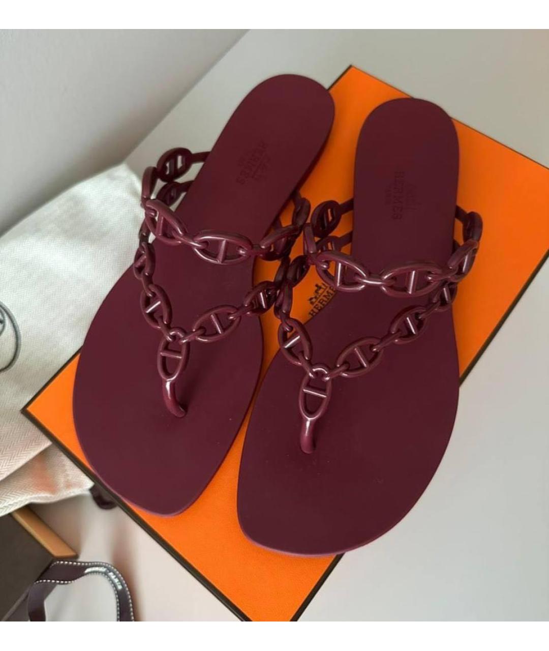HERMES Бордовые резиновые шлепанцы, фото 3