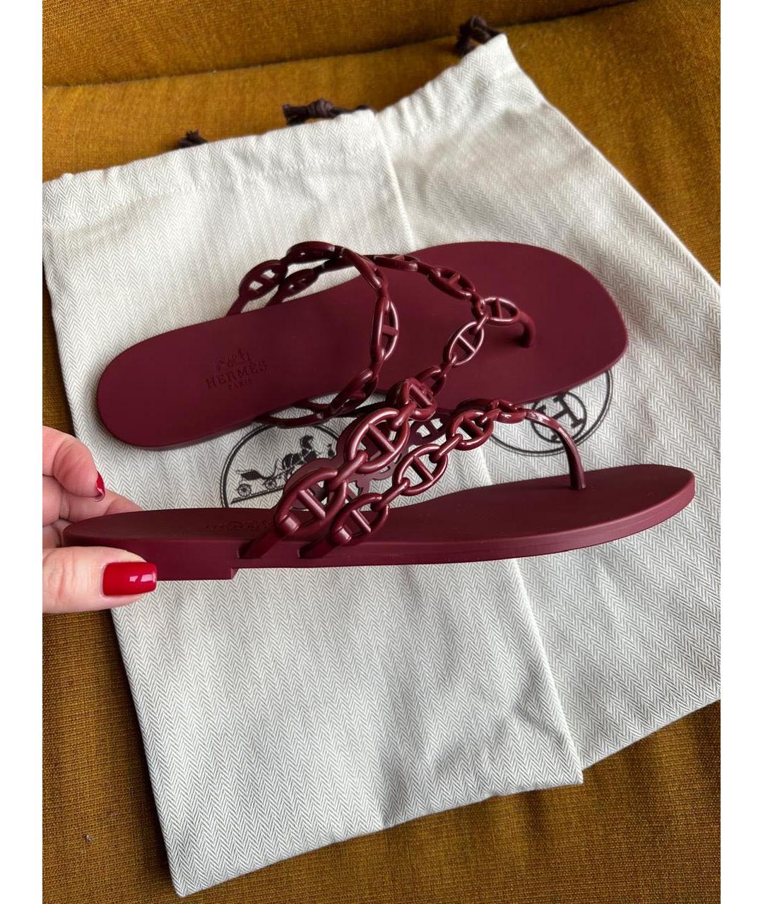 HERMES Бордовые резиновые шлепанцы, фото 5