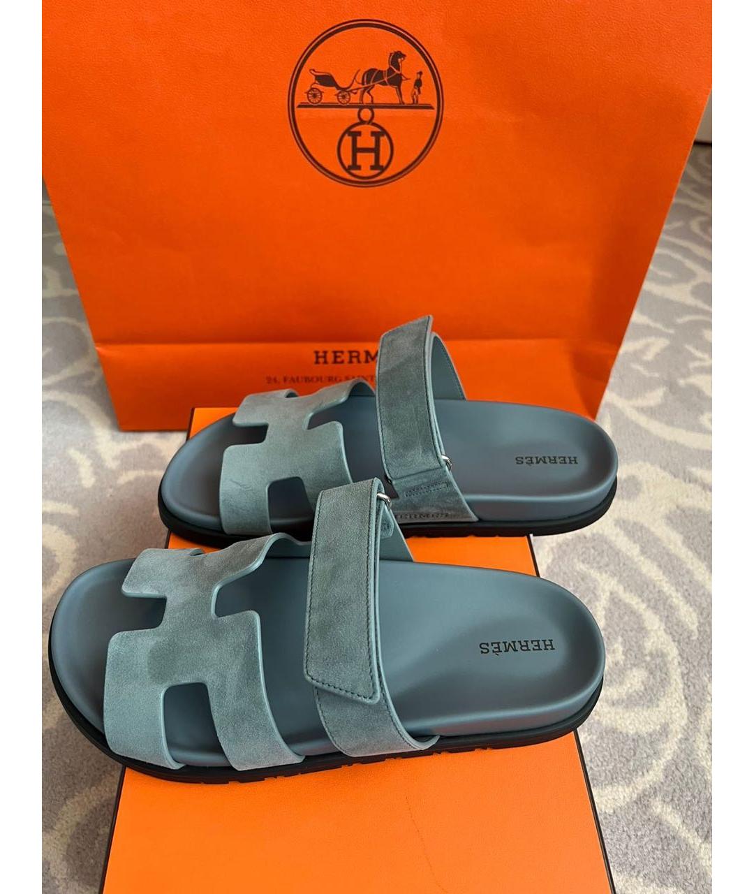 HERMES Синие замшевые шлепанцы, фото 7