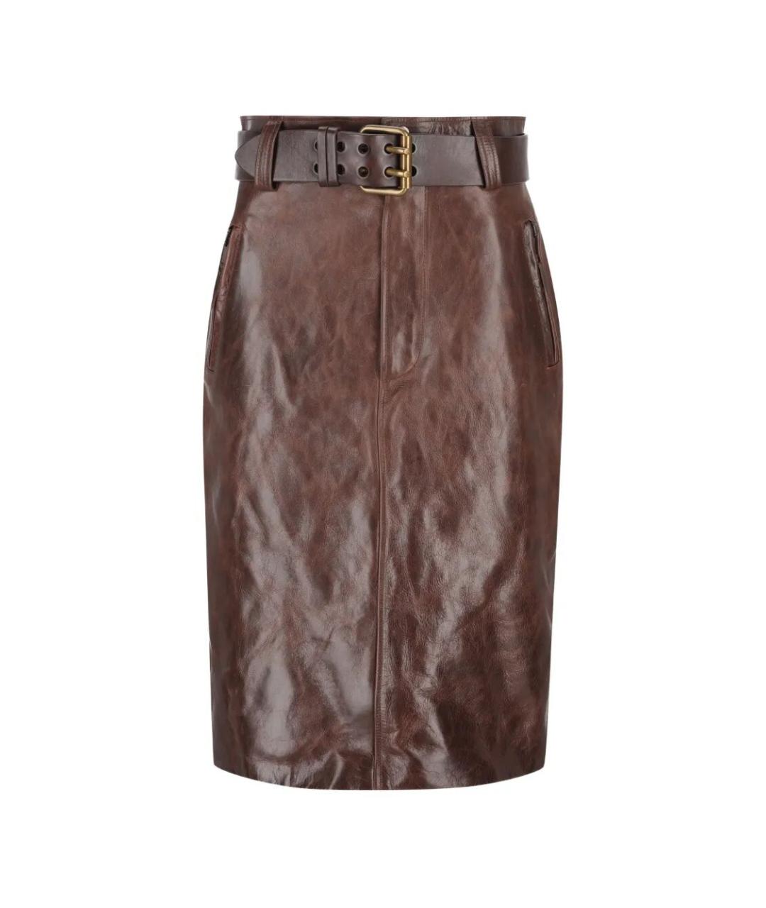 SAINT LAURENT Коричневая кожаная юбка миди, фото 1