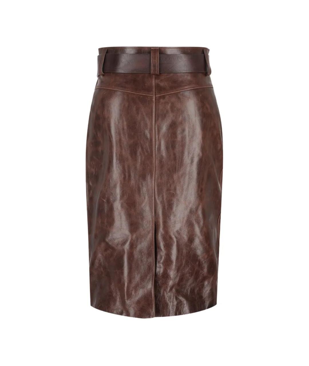 SAINT LAURENT Коричневая кожаная юбка миди, фото 2