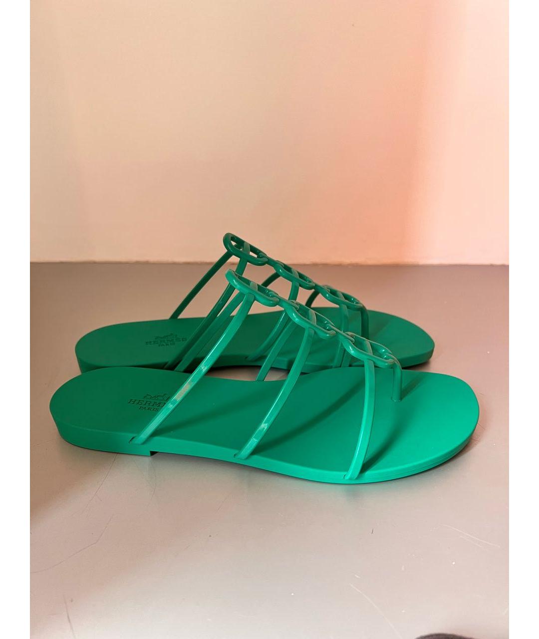HERMES Зеленые резиновые шлепанцы, фото 7