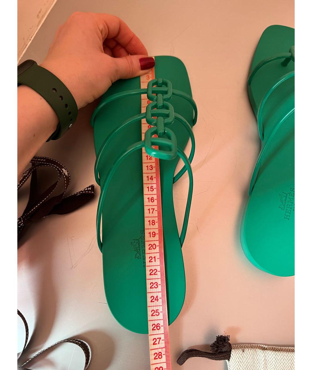 HERMES Зеленые резиновые шлепанцы, фото 6