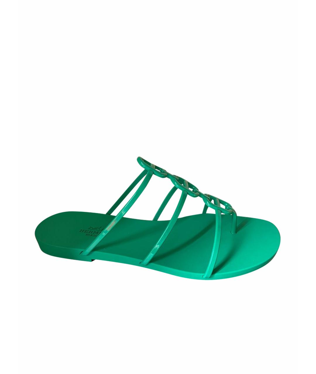 HERMES Зеленые резиновые шлепанцы, фото 1