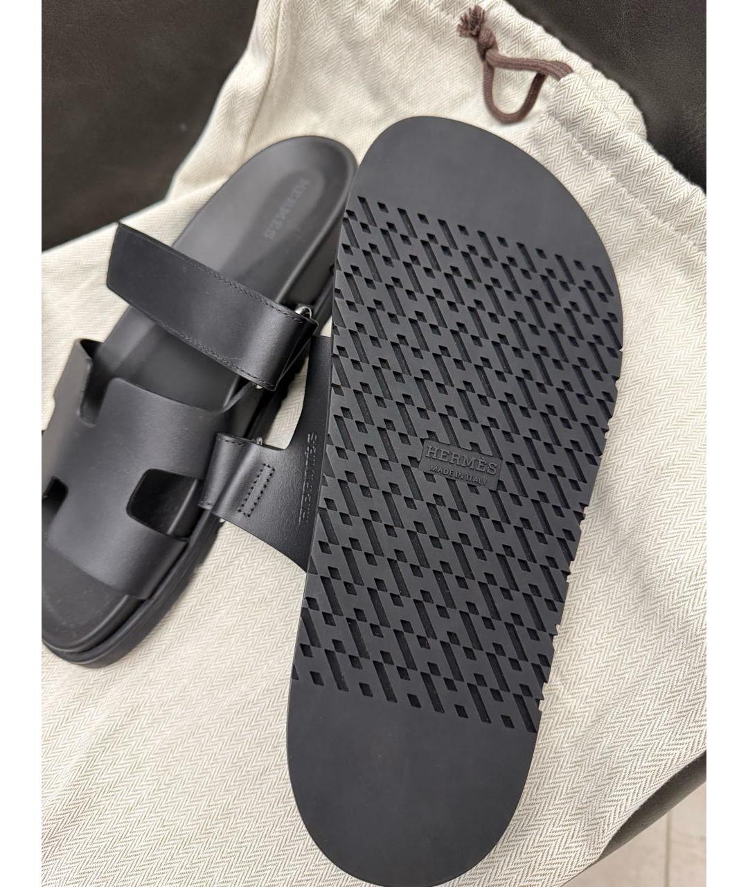 HERMES Черные кожаные шлепанцы, фото 3