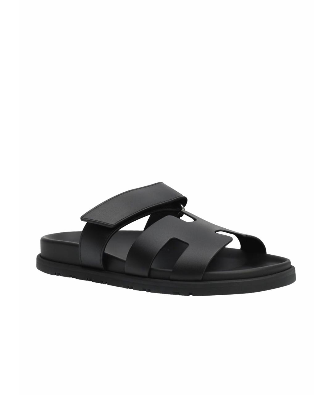 HERMES Черные кожаные шлепанцы, фото 6