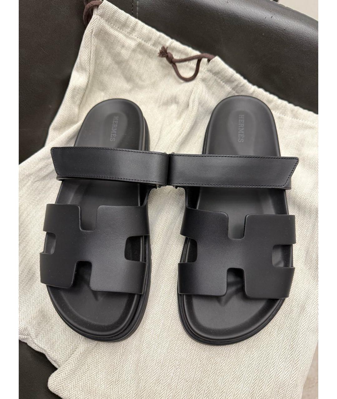 HERMES Черные кожаные шлепанцы, фото 2