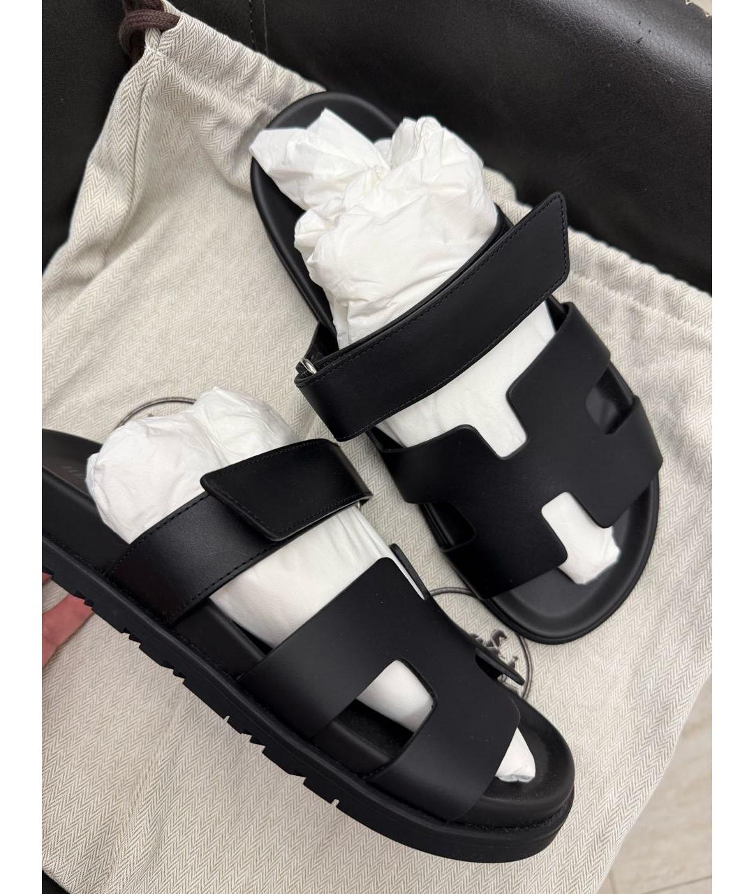 HERMES Черные кожаные шлепанцы, фото 5