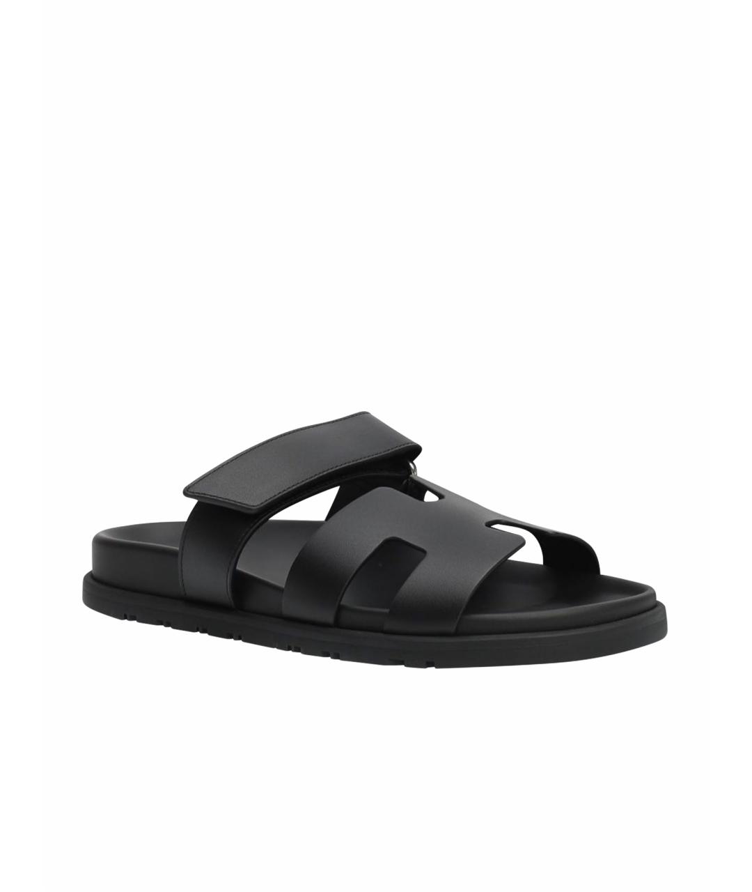 HERMES Черные кожаные шлепанцы, фото 1