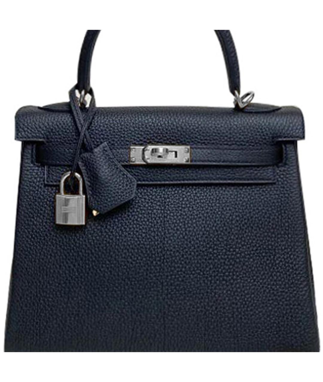 HERMES Темно-синяя кожаная сумка с короткими ручками, фото 4