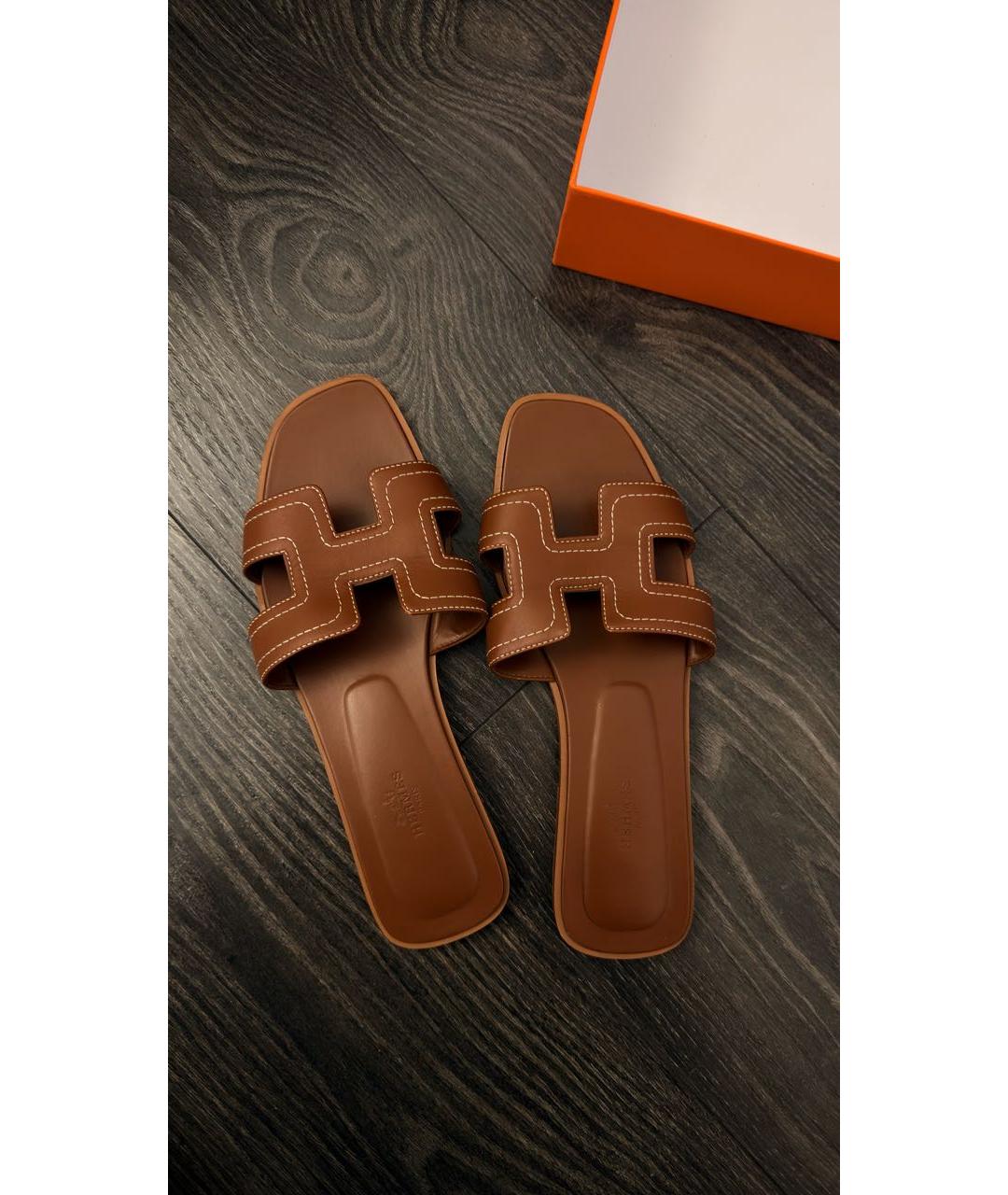 HERMES Коричневые кожаные шлепанцы, фото 6