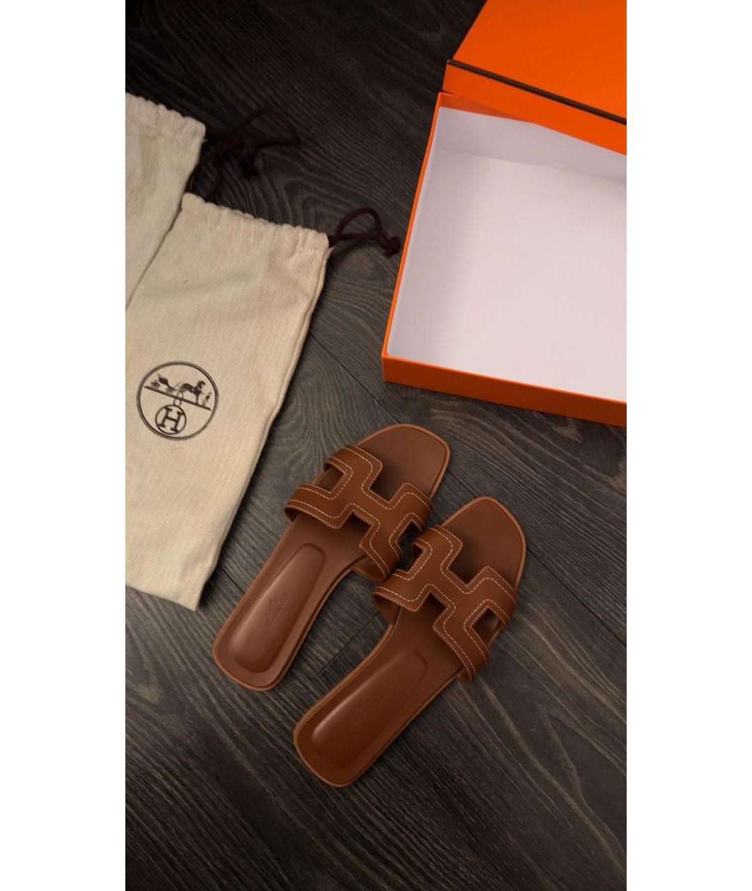HERMES Коричневые кожаные шлепанцы, фото 3