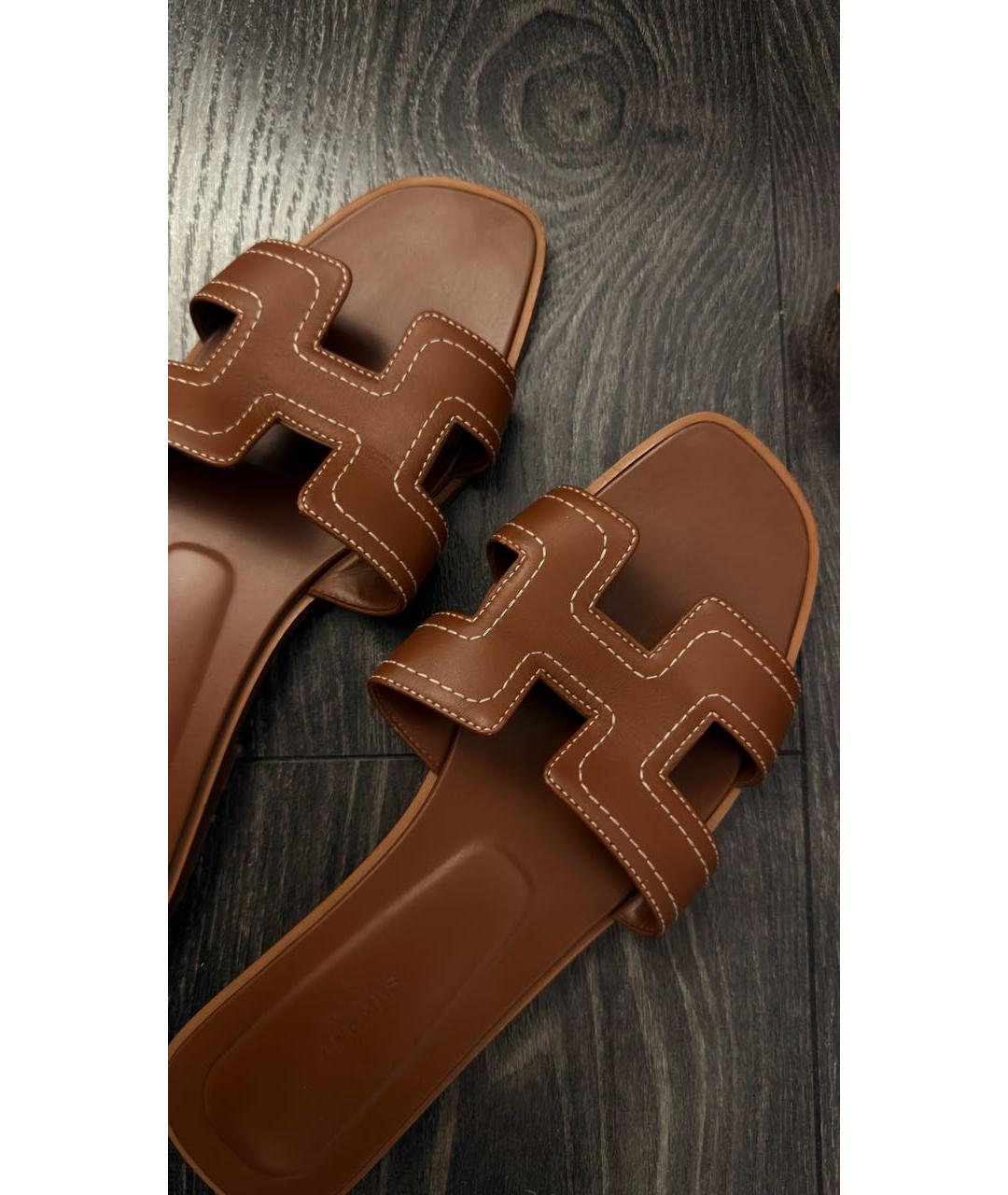 HERMES Коричневые кожаные шлепанцы, фото 2