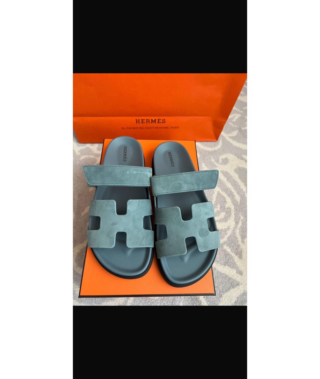 HERMES Голубые замшевые сандалии, фото 2