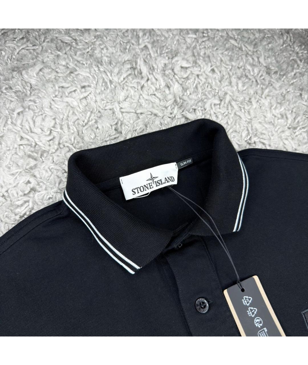 STONE ISLAND Черное хлопковое поло с коротким рукавом, фото 2