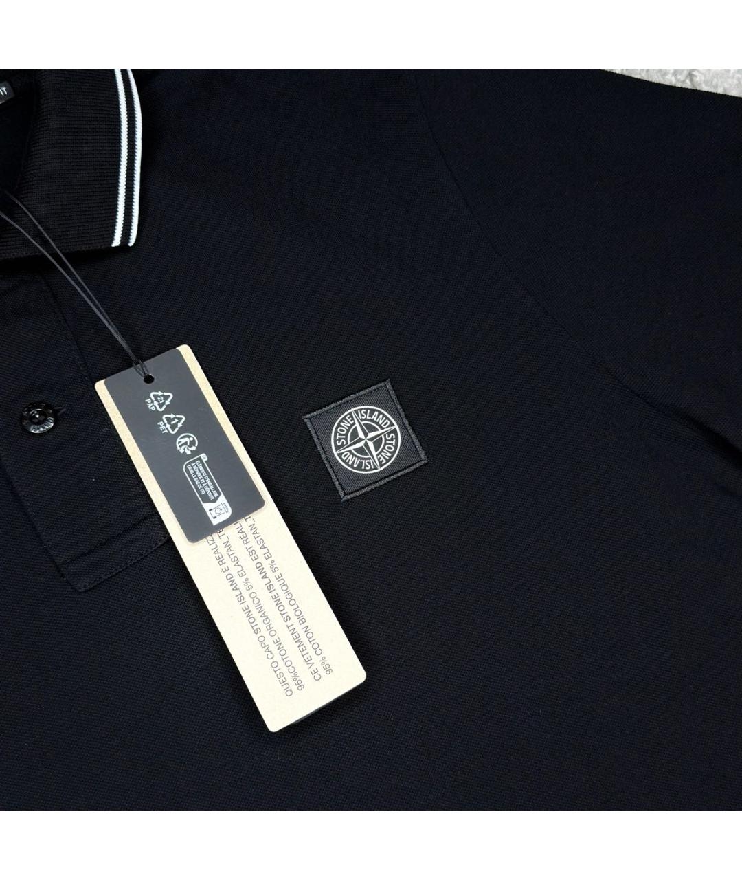 STONE ISLAND Черное хлопковое поло с коротким рукавом, фото 3