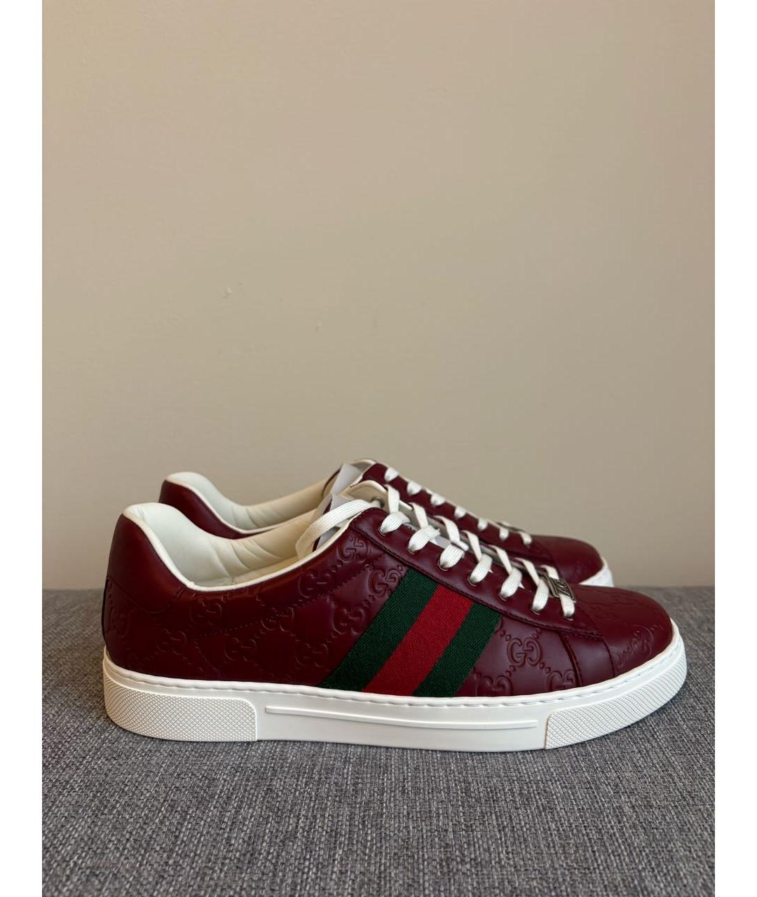 GUCCI Бордовые кожаные низкие кроссовки / кеды, фото 6