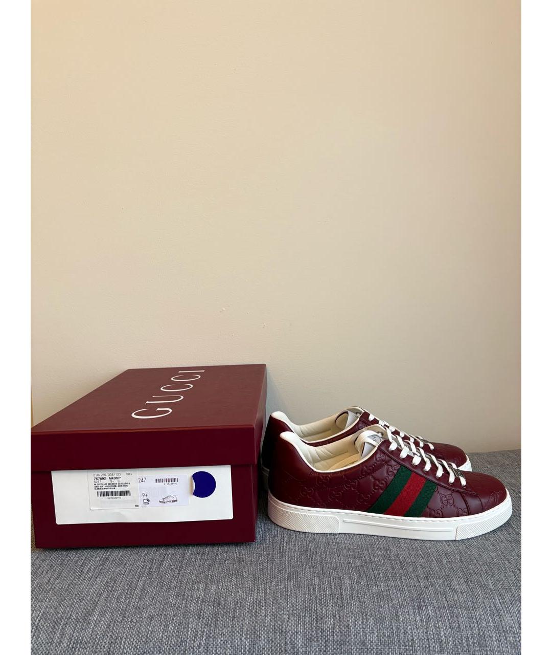 GUCCI Бордовые кожаные низкие кроссовки / кеды, фото 5