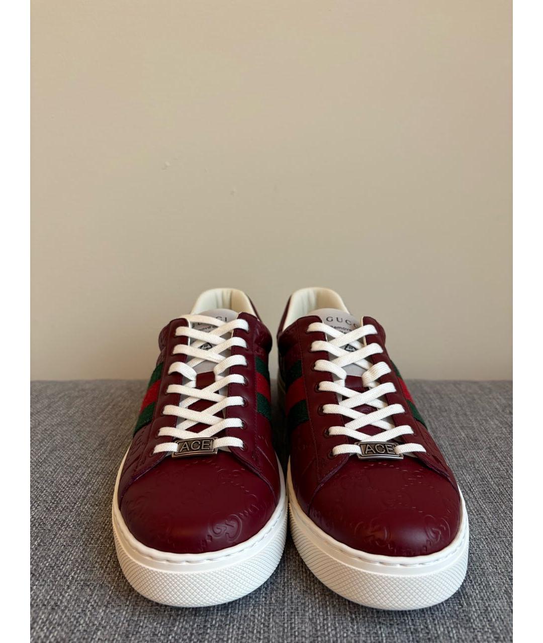 GUCCI Бордовые кожаные низкие кроссовки / кеды, фото 2