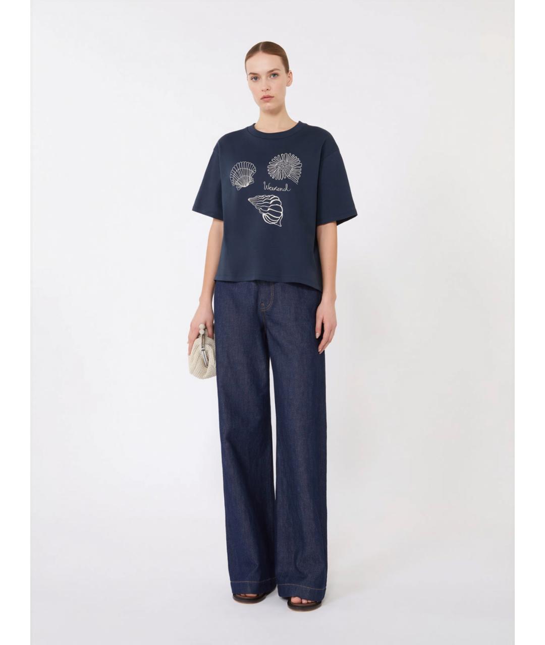 WEEKEND MAX MARA Темно-синяя хлопковая футболка, фото 2