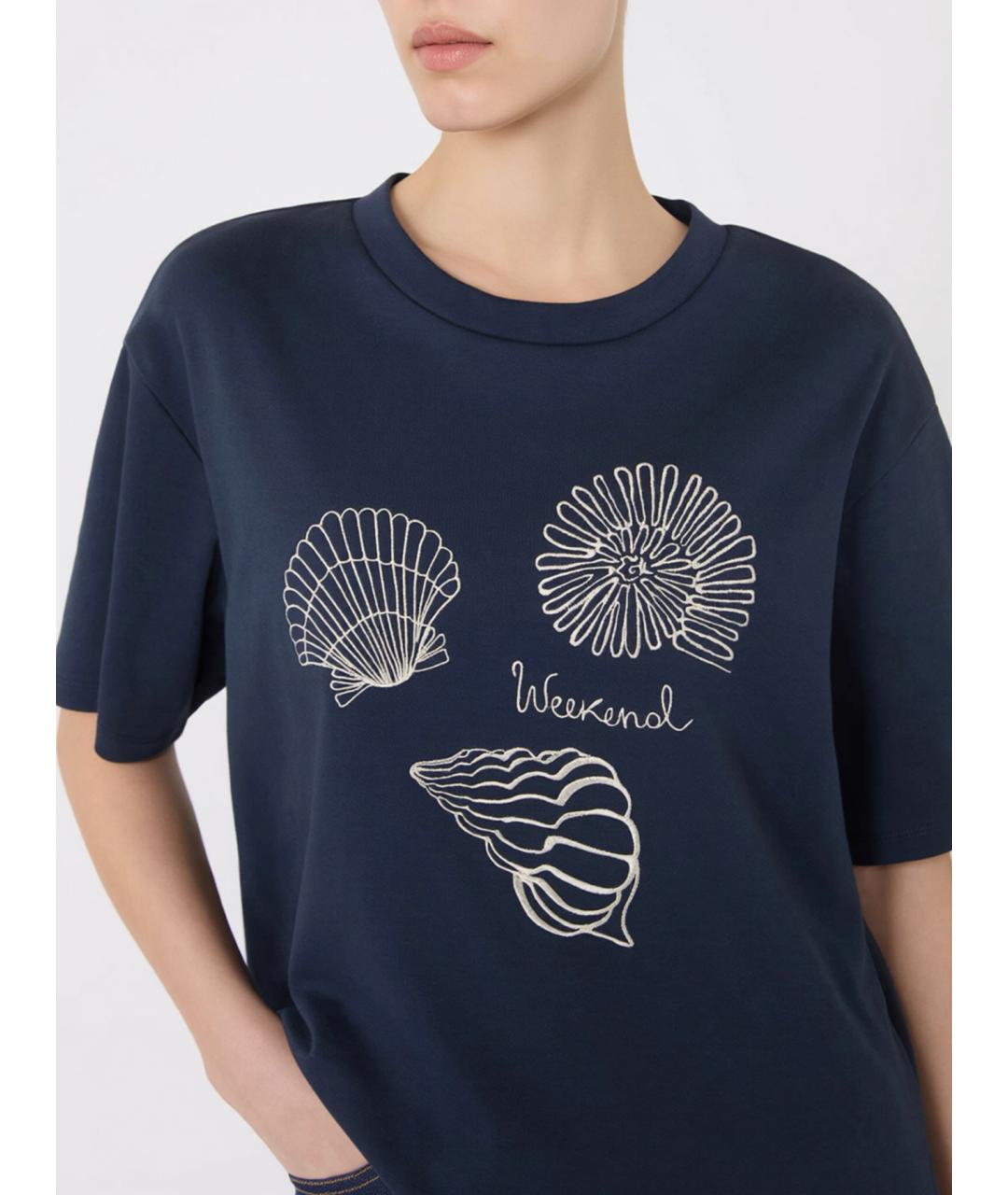 WEEKEND MAX MARA Темно-синяя хлопковая футболка, фото 5