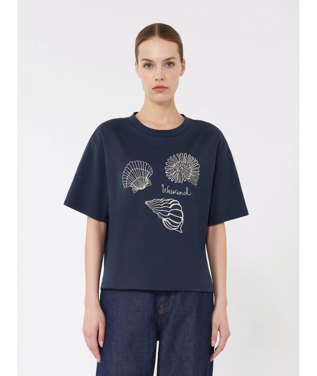 WEEKEND MAX MARA Темно-синяя хлопковая футболка, фото 3