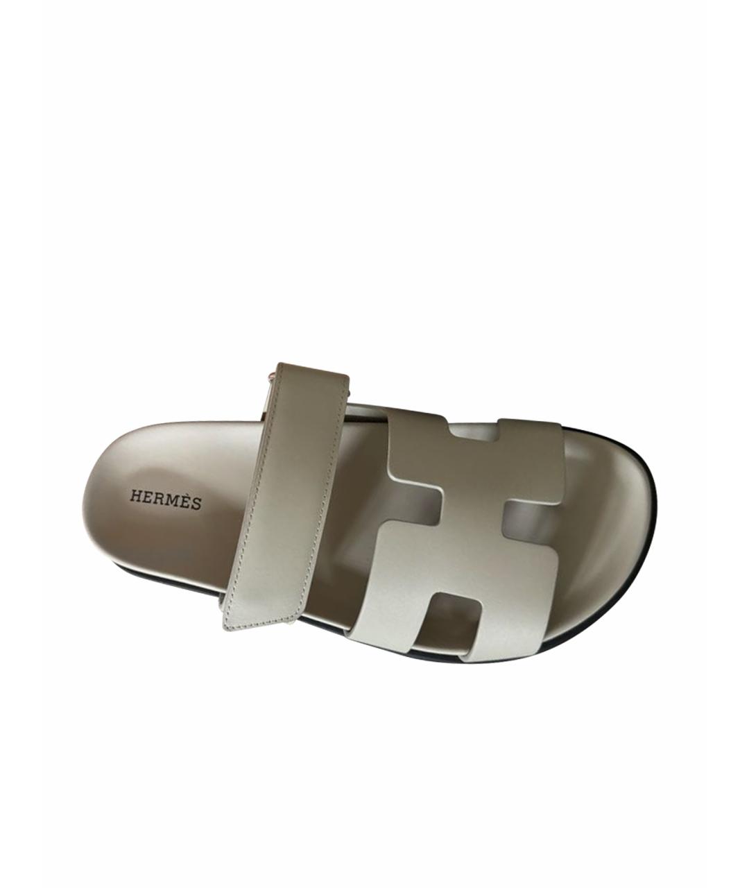 HERMES Серые кожаные шлепанцы, фото 1