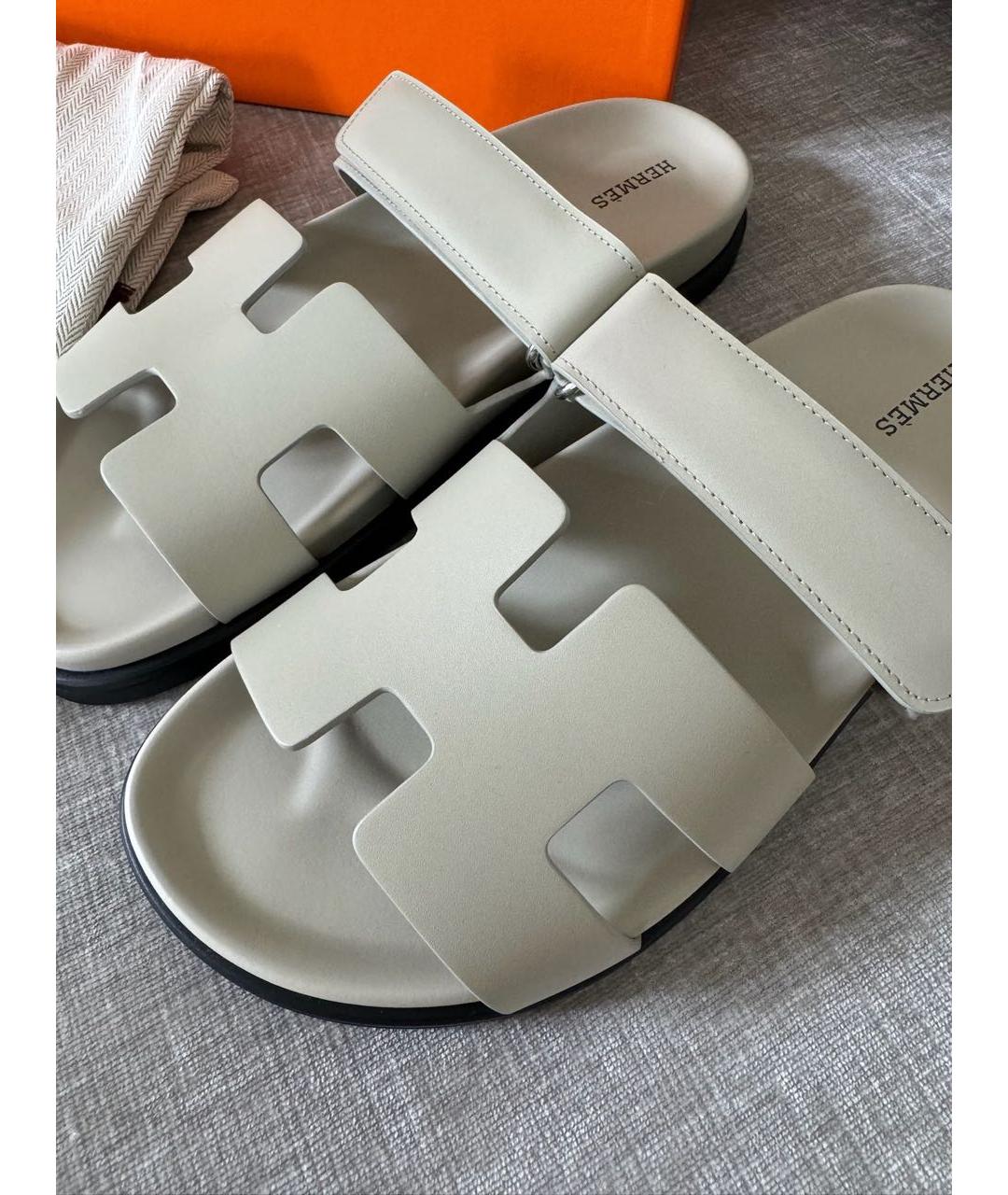 HERMES Серые кожаные шлепанцы, фото 4