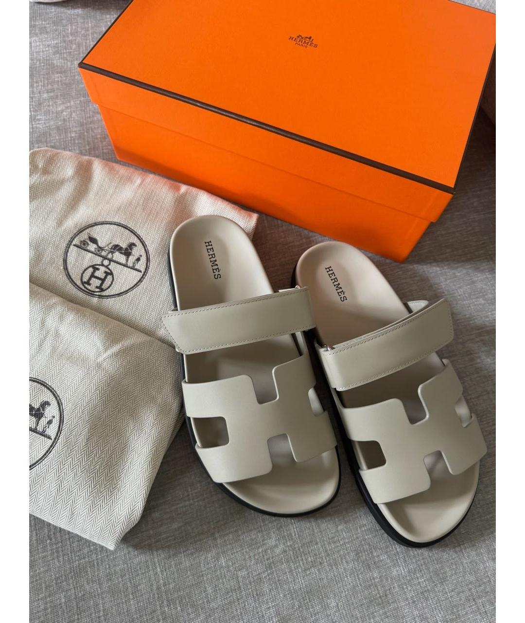 HERMES Серые кожаные шлепанцы, фото 5