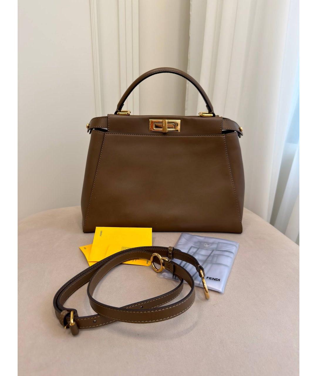FENDI Коричневая кожаная сумка с короткими ручками, фото 8