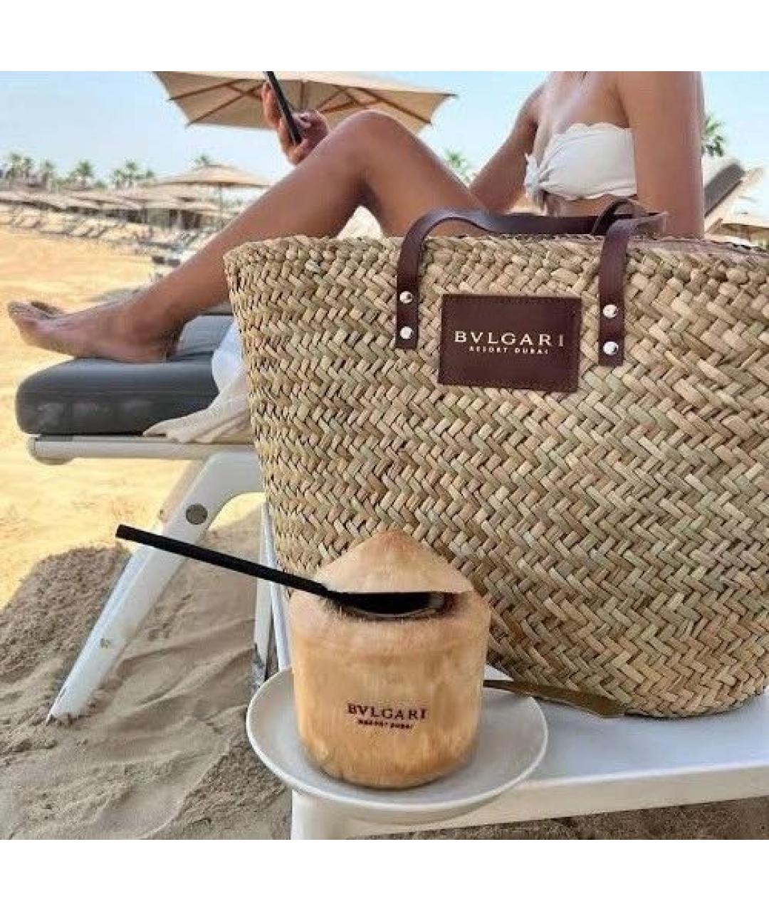 BVLGARI Бежевая пелетеная пляжная сумка, фото 5