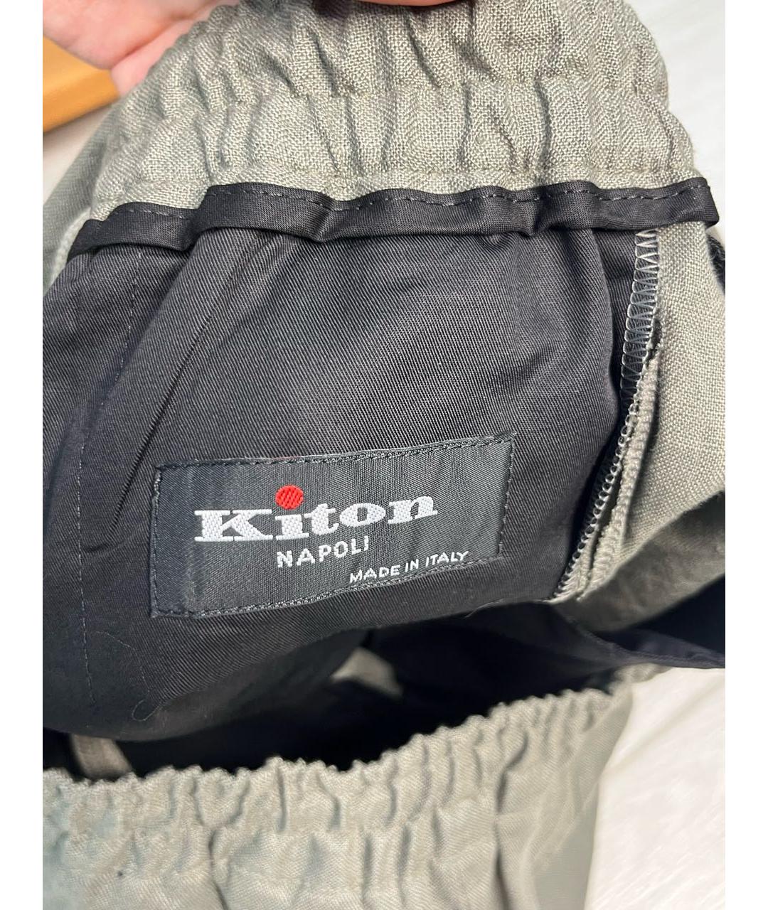 KITON Хаки льняные повседневные брюки, фото 8