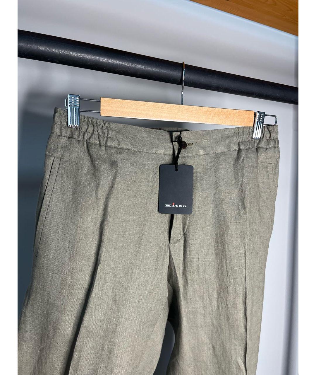 KITON Хаки льняные повседневные брюки, фото 3